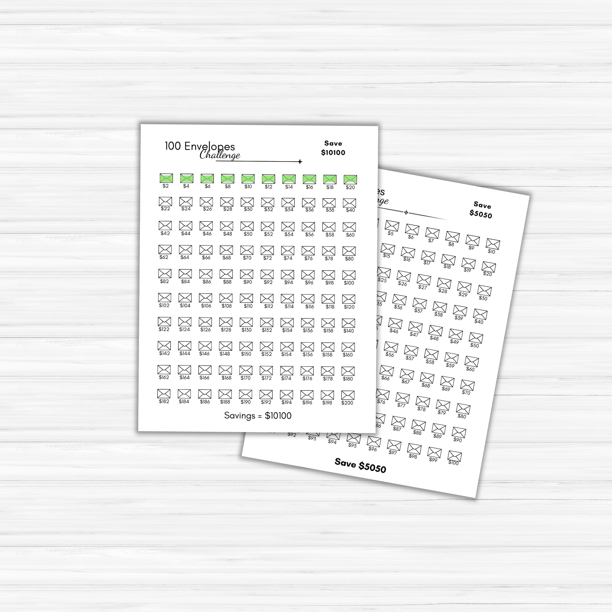 The product, "The 100 Envelope Challenge tracker templates," includes two sheets with savings goals of $1,010 and $5,050. The templates feature outlined envelopes, with some highlighted in green for tracking purposes.