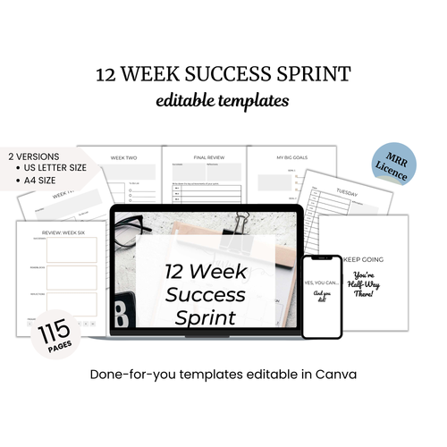 The "12-Week Success Sprint Planner PLR Template" is a set of editable Canva templates featuring motivational text such as "KEEP GOING" and "YOU CAN DO IT." This extensive planner includes 115 pages and is available in two sizes, perfect for individuals looking for an inspiring PLR template.