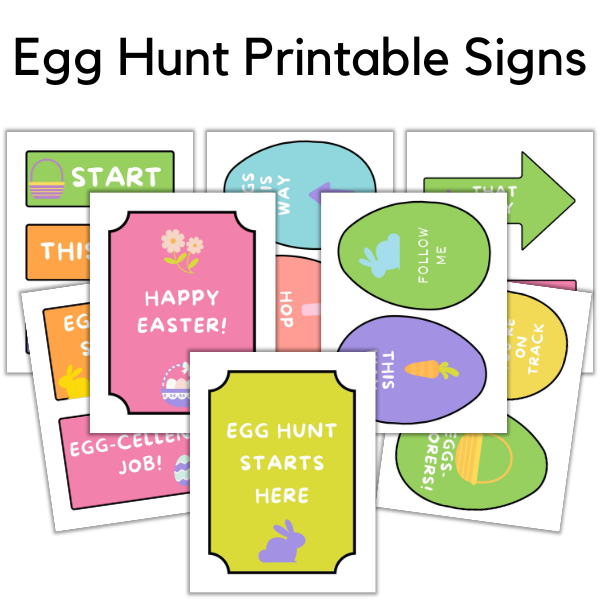 Explore the Egg-citing Easter Printables collection, showcasing vibrant designs with egg hunt signs, directional arrows, and messages like "Happy Easter" and "Egg Hunt Starts Here.