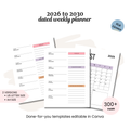Image showing the 2026 Calendar Template (2026 to 2030 Calendar Planner Pages) with three sample pages in US Letter and A4, featuring a 2026 calendar and over 300 editable Canva templates, PLR license included.