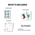 Image listing contents: name labels with cartoon characters, decor items with holiday designs, activity sheets, and text stating 63 pages, seller guide, and instructions for customers.
