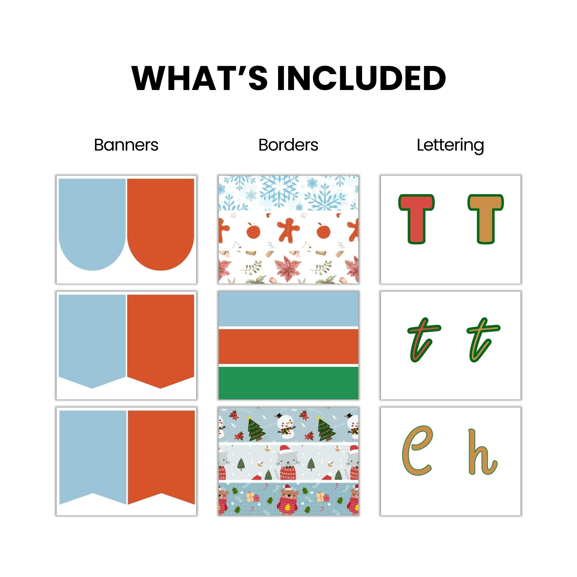 Grid showing examples of banners, borders with holiday designs, and lettering styles in red, green, and gold under the heading "What's Included.