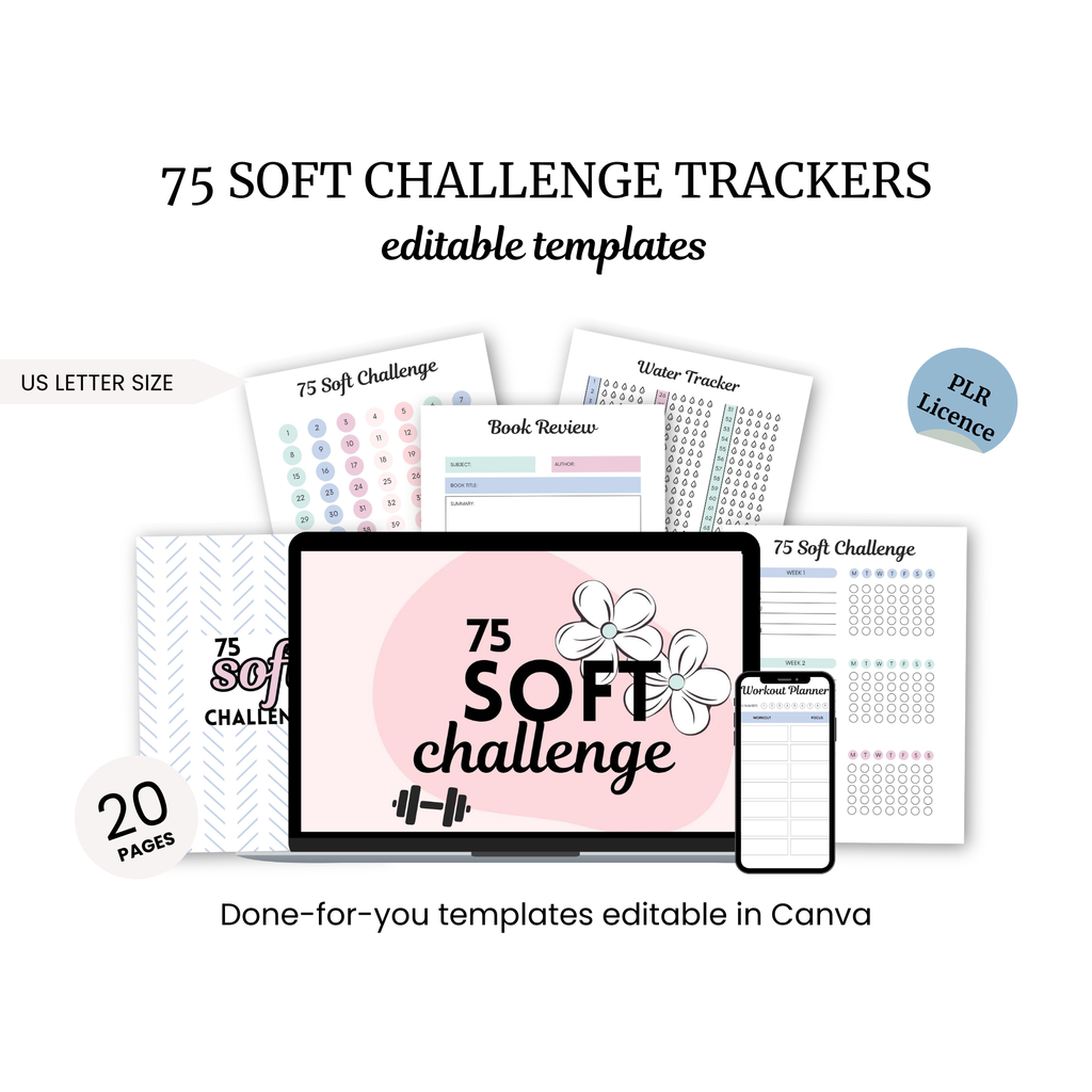 Image showcasing a digital collection of 'The 75 Soft Challenge' Trackers templates, featuring book reviews, water trackers, and daily tasks. Displayed on a laptop screen with 20 editable pages for personalized planning.
