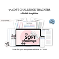 Image showcasing a digital collection of 'The 75 Soft Challenge' Trackers templates, featuring book reviews, water trackers, and daily tasks. Displayed on a laptop screen with 20 editable pages for personalized planning.
