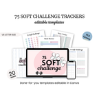 Image showcasing a digital collection of 'The 75 Soft Challenge' Trackers templates, featuring book reviews, water trackers, and daily tasks. Displayed on a laptop screen with 20 editable pages for personalized planning.