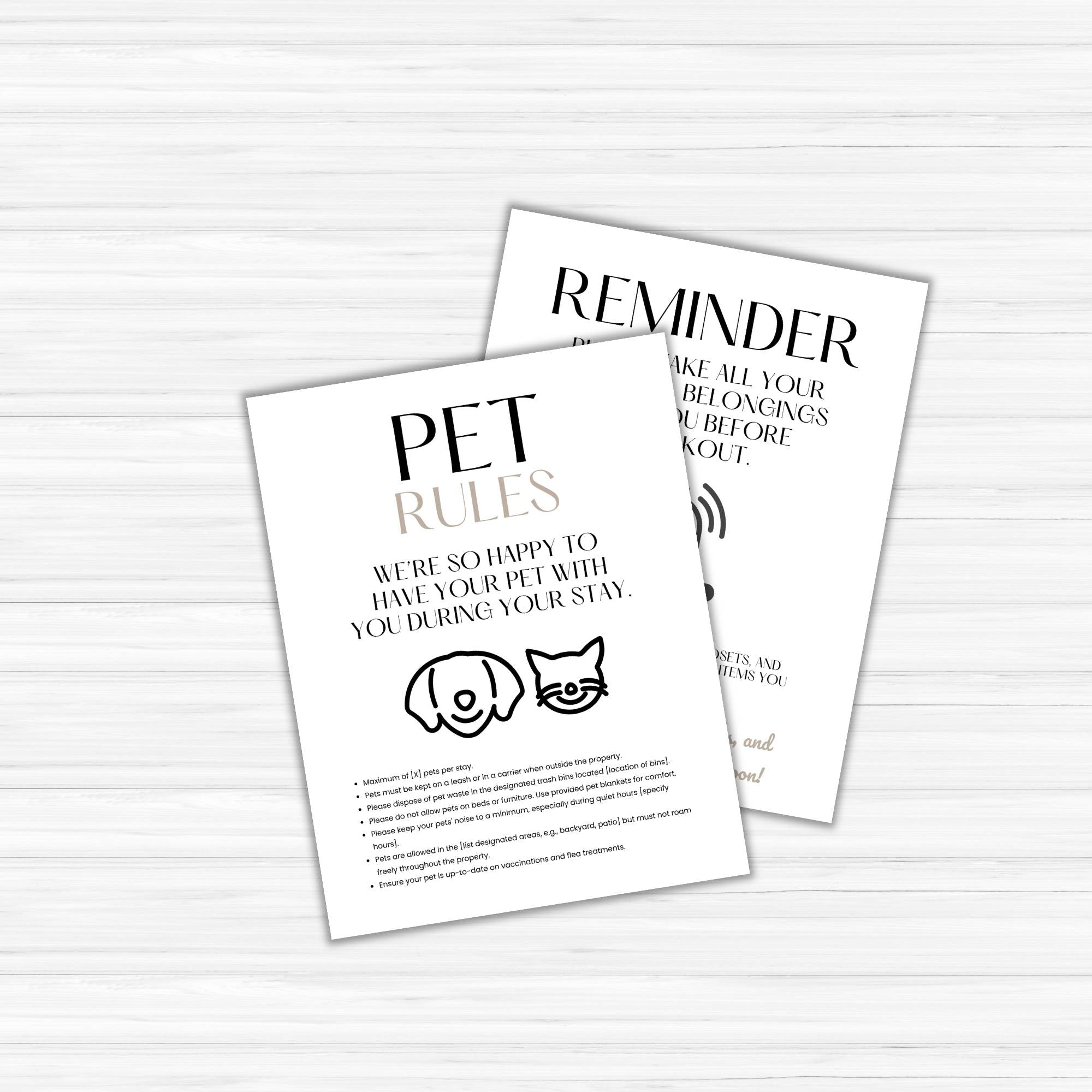 A charming Delivery Driver Signs Bundle PLR set is displayed on a light wood surface: one sign details pet rules with cute dog and cat icons, while the other subtly reminds guests about personal belongings at checkout.