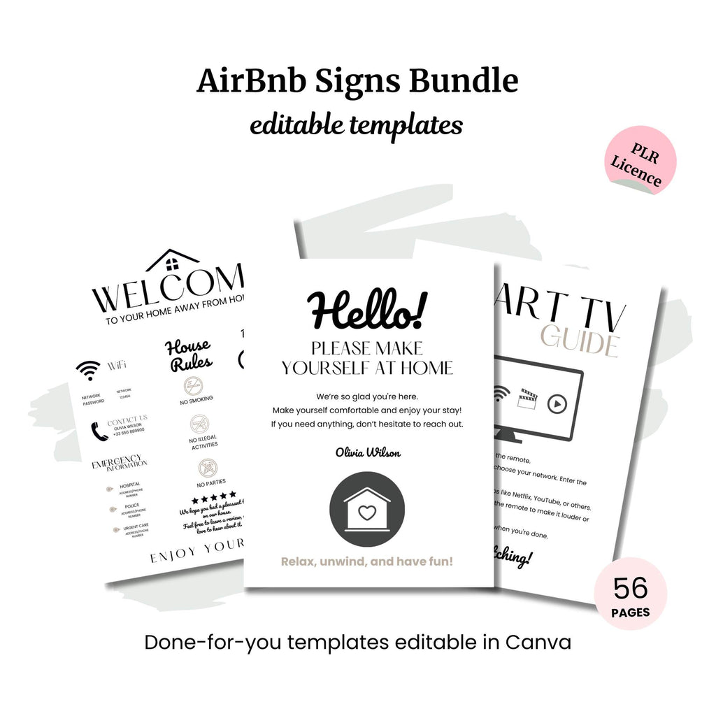 Explore the Delivery Driver Signs Bundle PLR featuring editable templates like welcome signs, house rules, and smart TV guides. This 56-page pack is fully compatible with Canva for seamless customization.