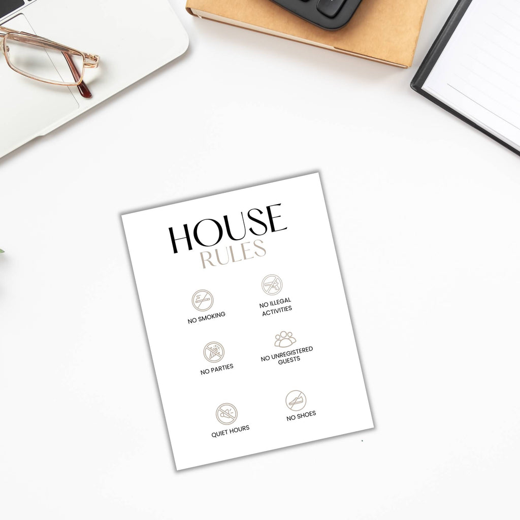 Our "House Rules" sign from the Delivery Driver Signs Bundle PLR features icons for no smoking, illegal activities, parties, unregistered guests, and shoes. Quiet hours enforced. Ideal for keeping your property peaceful while nearby glasses and stationery rest on a desk.