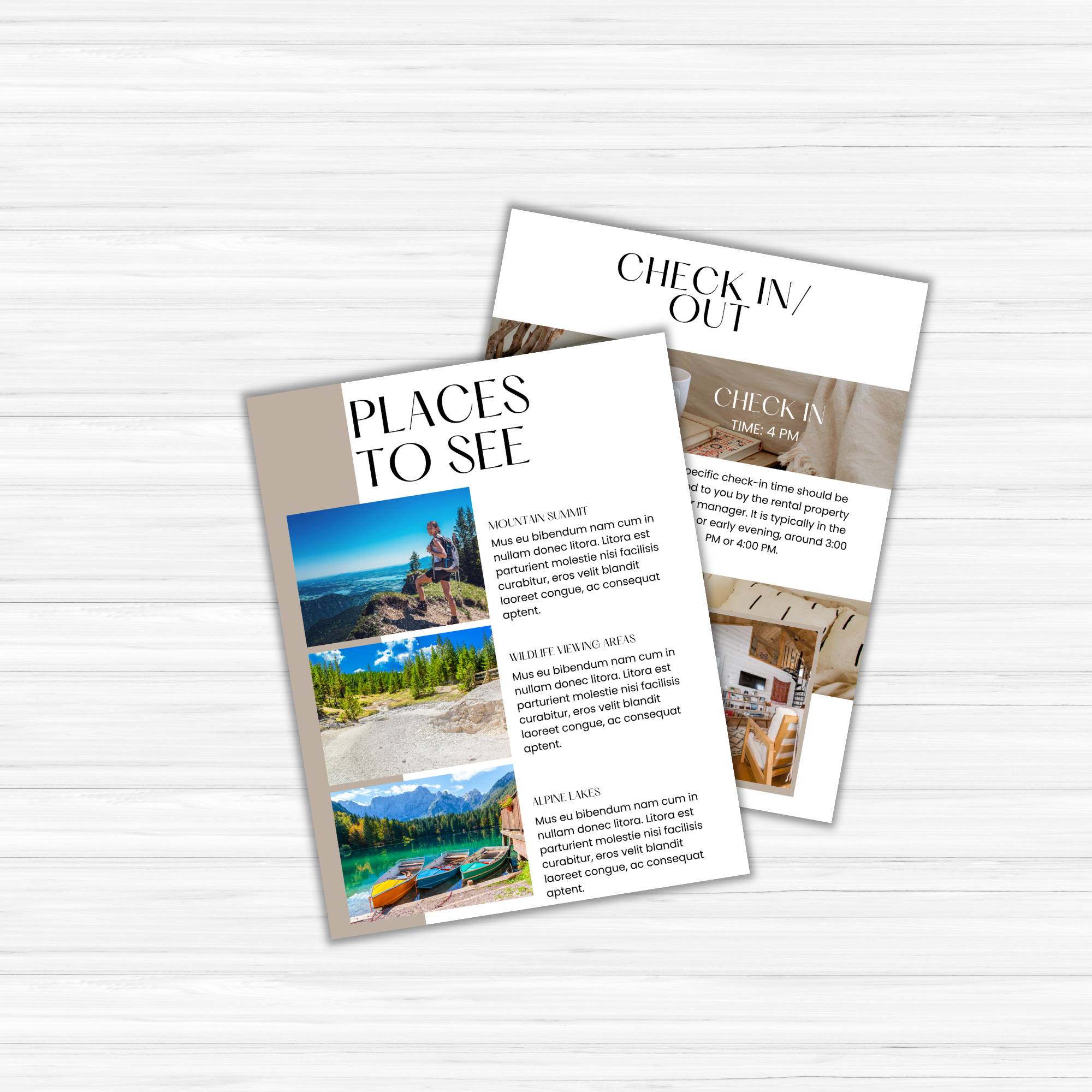 Two brochures rest on a wooden surface. One, from the Delivery Driver Signs Bundle PLR, is titled "Places to See" with text and images. The other is titled "Check In/Out," offering check-in details alongside a room photo.