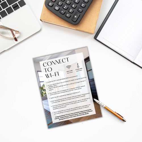 A paper titled "Connect to Wi-Fi" rests on a desk, surrounded by a laptop, calculator, notebook, and pencil. The document from the Delivery Driver Signs Bundle PLR provides essential Wi-Fi connection instructions for delivery drivers needing reliable internet on the go.