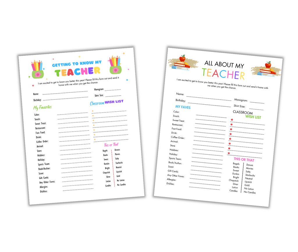 The "Meet the Teacher Templates" include two sheets, "Getting to Know My Teacher" and "All About My Teacher," designed for teachers. They have sections for personal info, favorites, and classroom wish lists, enhanced with colorful illustrations.