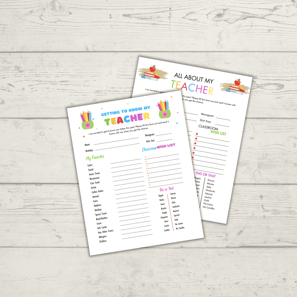 The "Meet the Teacher Templates" on a wooden surface are vibrant sheets with sections such as "My Favorites," "Classroom Wish List," and "Tips or That," ideal for introductory teacher events.