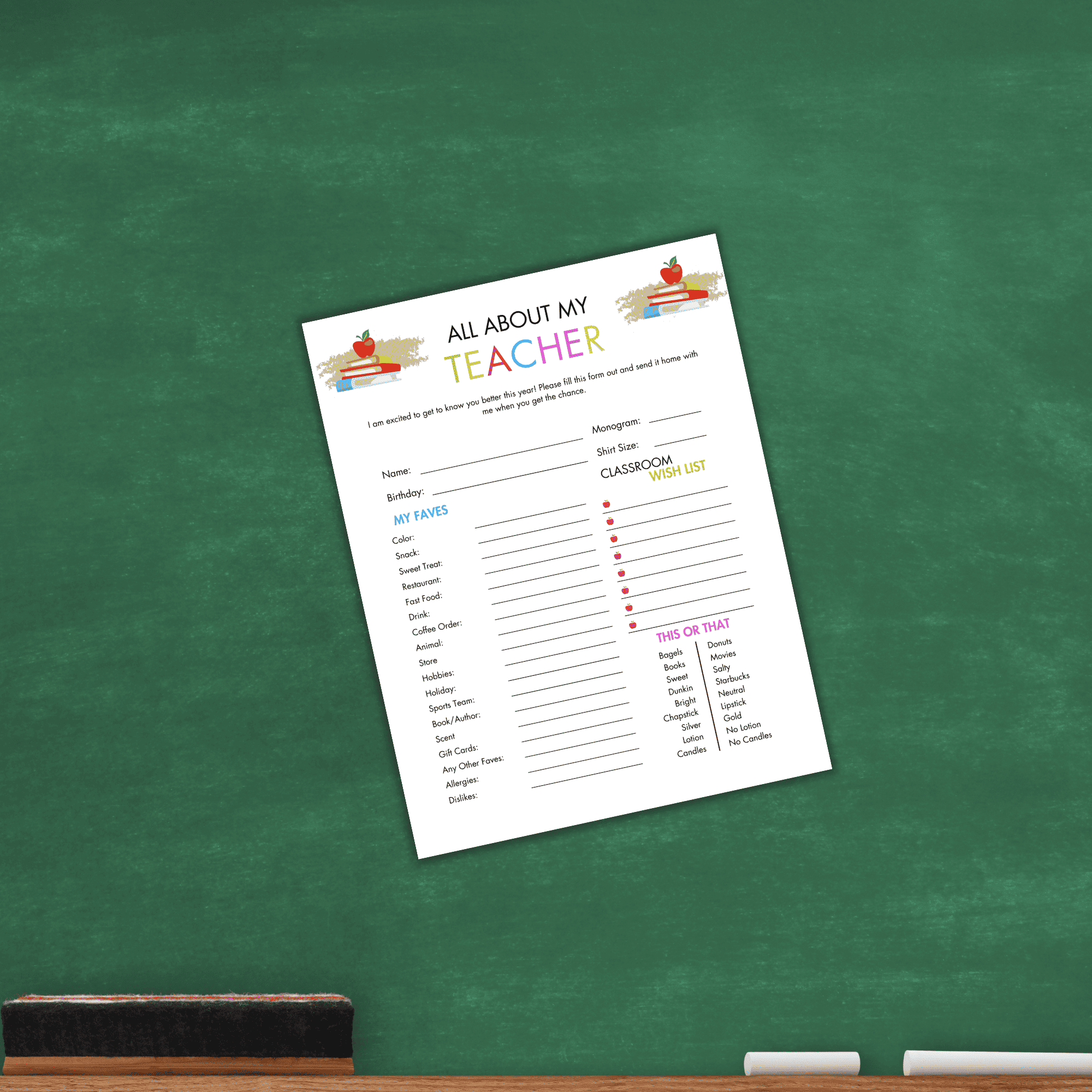 The "Meet the Teacher Templates," featuring categories such as favorites and classroom list, are displayed on a green chalkboard, providing a delightful introduction.