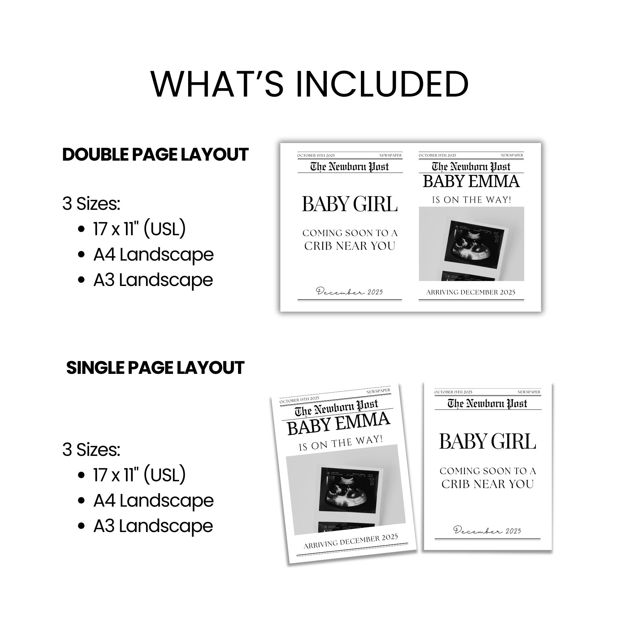 The Baby Announcement Newsletter PLR includes double and single page newspaper-style layouts in three sizes: 17"x11" (USL), A4 landscape, and A3 landscape.