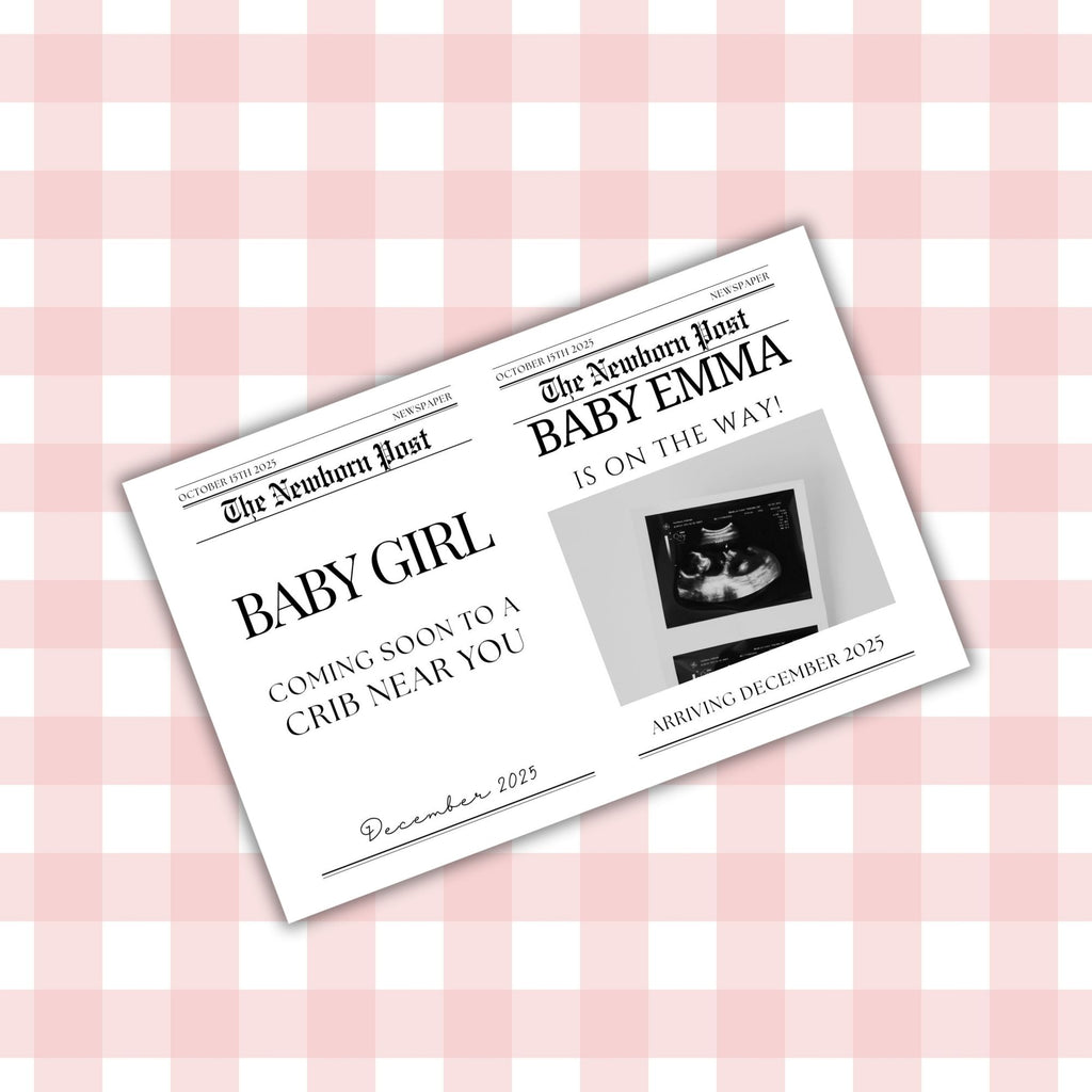 The Baby Announcement Newsletter PLR features a pink checkered card that reads "BABY GIRL coming soon to a crib near you," with an ultrasound image and the text "BABY EMMA is on the way!" plus "December 2025.