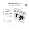Image shows two "Baby Announcement Newsletter PLR" templates styled as newspapers with ultrasound photos labeled "Baby Girl" and "Baby Emma." Both are editable in Canva and come with a PLR license.