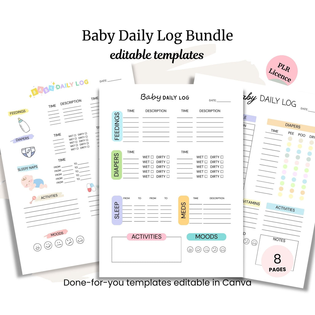 The Baby Daily Logs Bundle PLR includes four baby log templates with sections for feedings, diapers, sleep, meds, activities, moods & countdown trackers. Get eight editable Canva pages in this convenient PLR package.