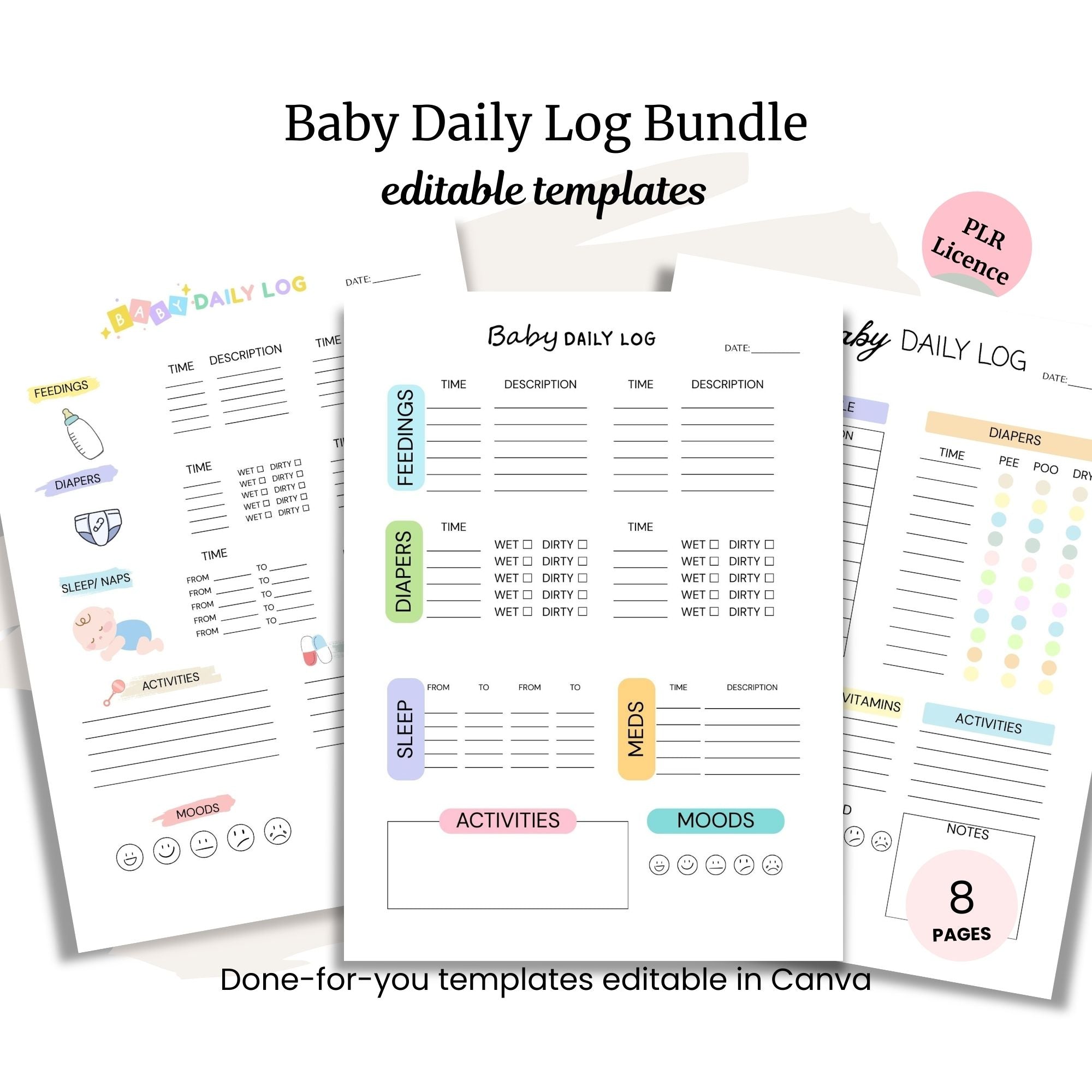 The Baby Daily Logs Bundle PLR includes four baby log templates with sections for feedings, diapers, sleep, meds, activities, moods & countdown trackers. Get eight editable Canva pages in this convenient PLR package.