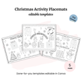 The Christmas Activity Placemat Pack PLR includes three editable placemat templates with coloring pages, mazes, word searches, and games for kids—perfect for easy customization and resale with a Christmas PLR license.