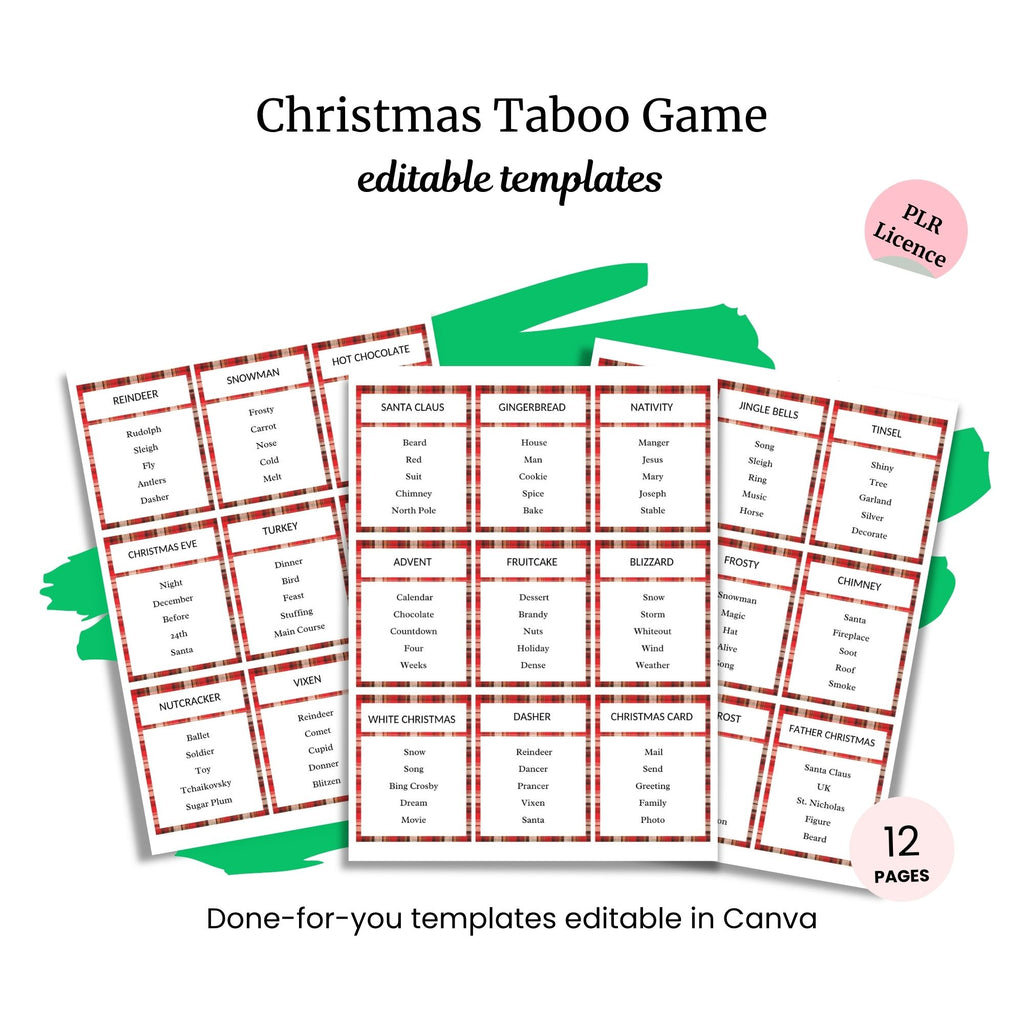 Image of printable "Christmas 5-second Game (Copy)" templates with red borders and holiday-themed words. Includes editable Canva templates, PLR license, and 12 pages for instant fun.