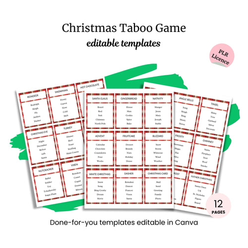Image of printable "Christmas 5-second Game (Copy)" templates with red borders and holiday-themed words. Includes editable Canva templates, PLR license, and 12 pages for instant fun.