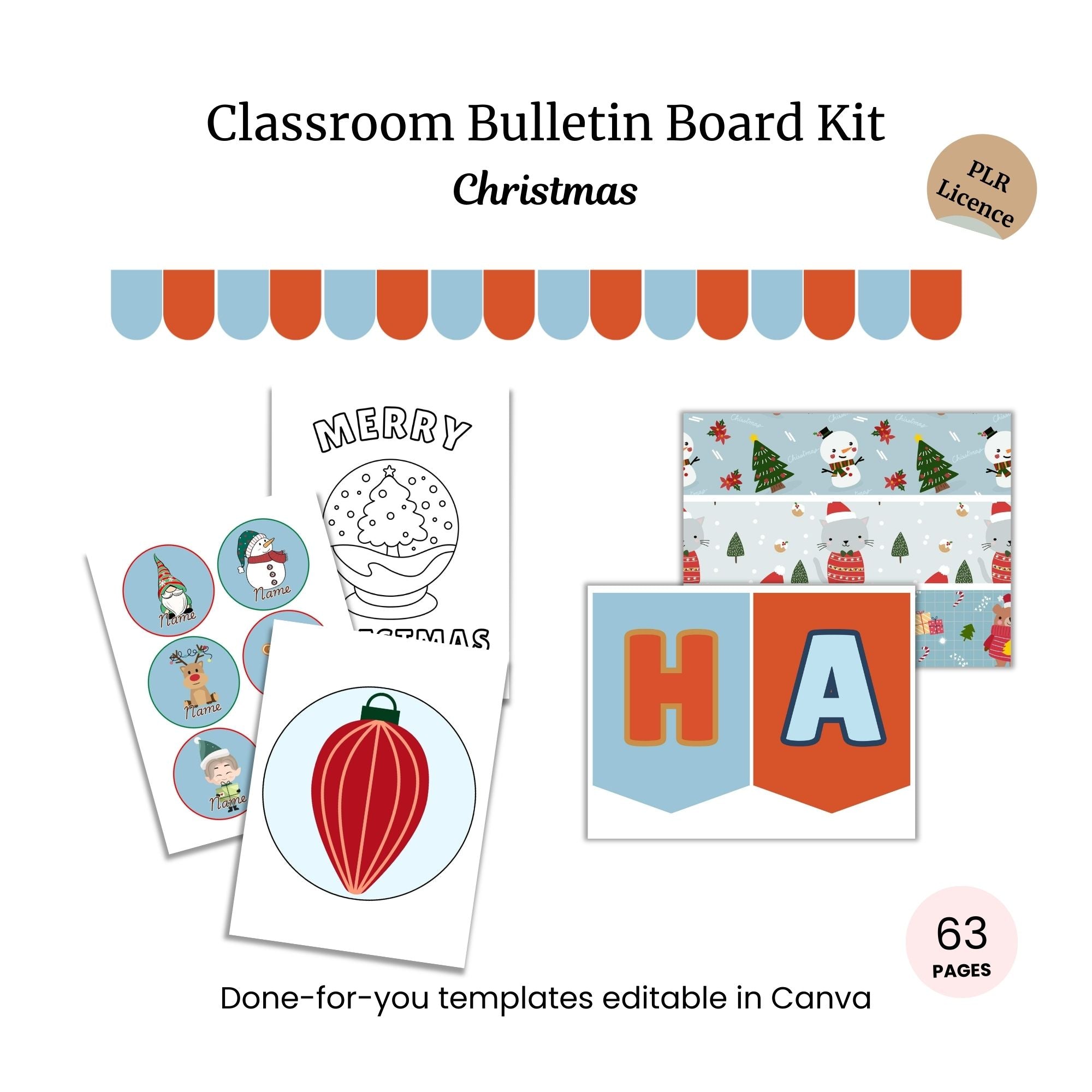 Classroom Bulletin Board Kit for Christmas with colorful templates, banners, and festive illustrations; 63 editable pages, PLR licence, compatible with Canva.