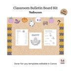 A Halloween-themed classroom bulletin board kit featuring festive graphics and activity sheets, with a corkboard background and editable templates in Canva.