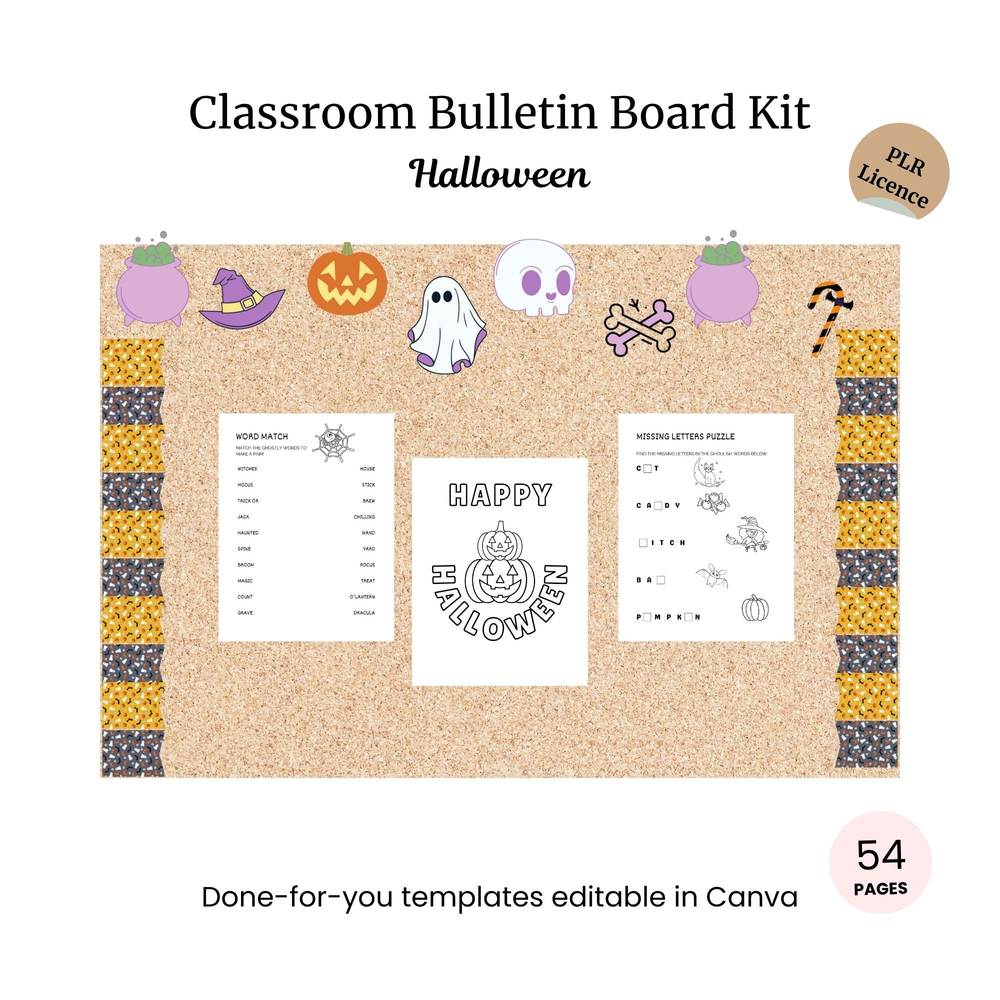 A Halloween-themed classroom bulletin board kit featuring festive graphics and activity sheets, with a corkboard background and editable templates in Canva.