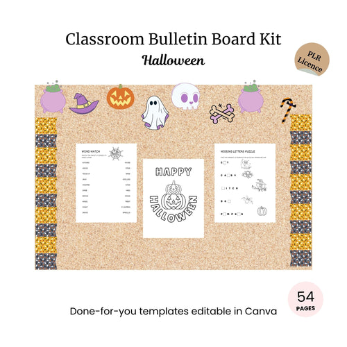 A Halloween-themed classroom bulletin board kit featuring festive graphics and activity sheets, with a corkboard background and editable templates in Canva.