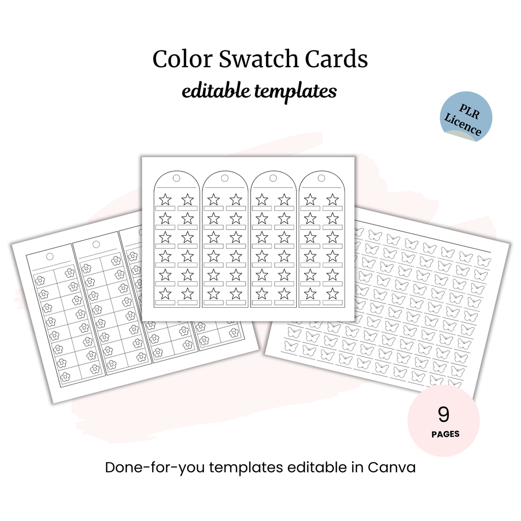 Color Swatch Cards PLR: three printable templates featuring star, butterfly, and circle shapes, editable in Canva or usable as countdown trackers. Displayed on a white background.