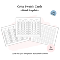 Color Swatch Cards PLR: three printable templates featuring star, butterfly, and circle shapes, editable in Canva or usable as countdown trackers. Displayed on a white background.