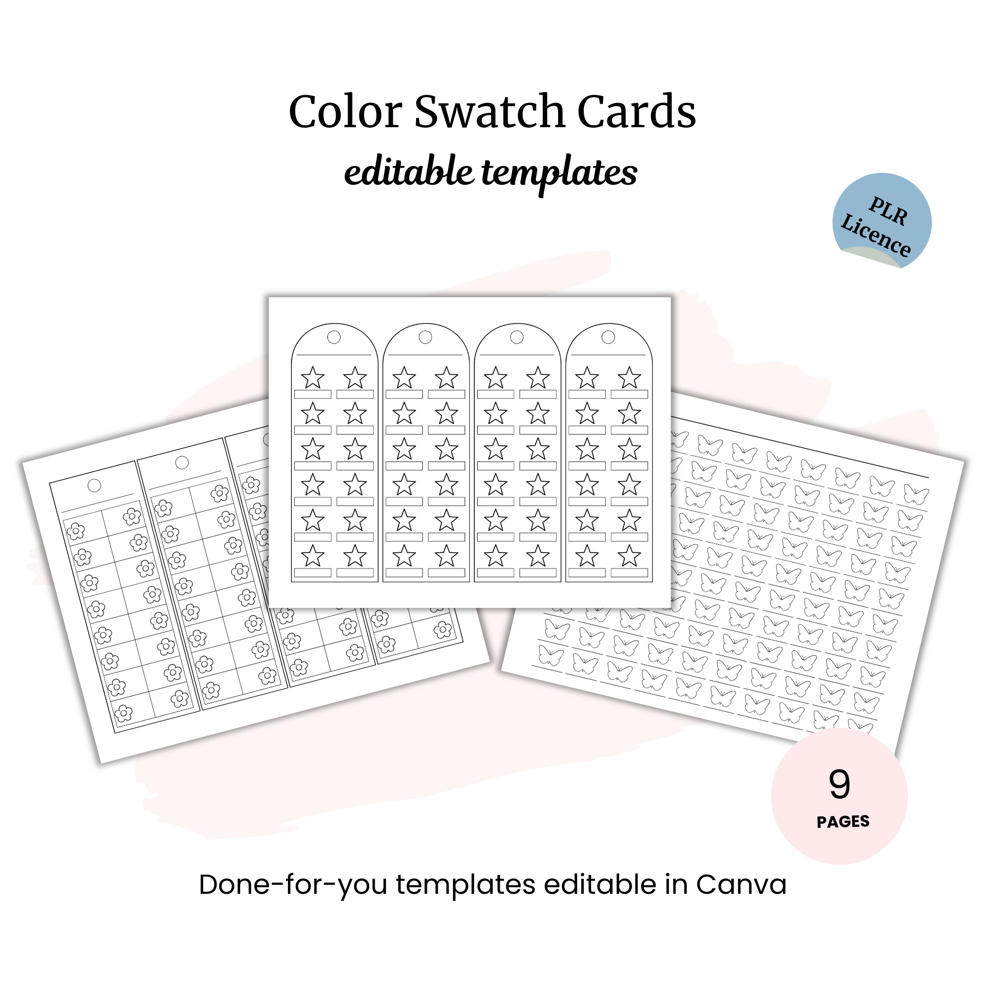 Color Swatch Cards PLR: three printable templates featuring star, butterfly, and circle shapes, editable in Canva or usable as countdown trackers. Displayed on a white background.