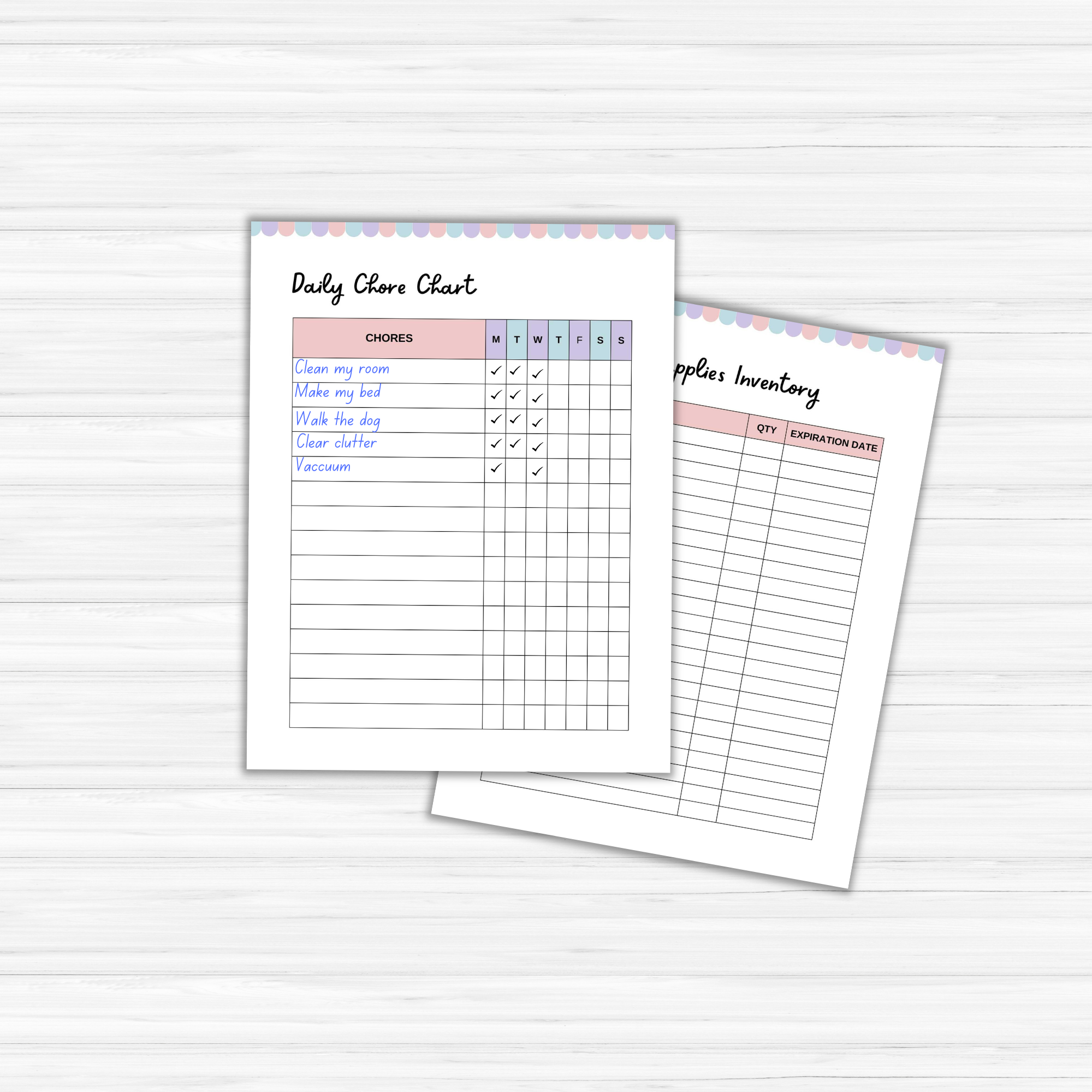 A pair of charts are displayed on a light surface: one is The Cottagecore Cleaning Planner, serving as a daily chore chart with tasks and checkboxes, and the other adopts a cottagecore aesthetic as an inventory sheet for supplies, featuring columns for quantity and expiration date.