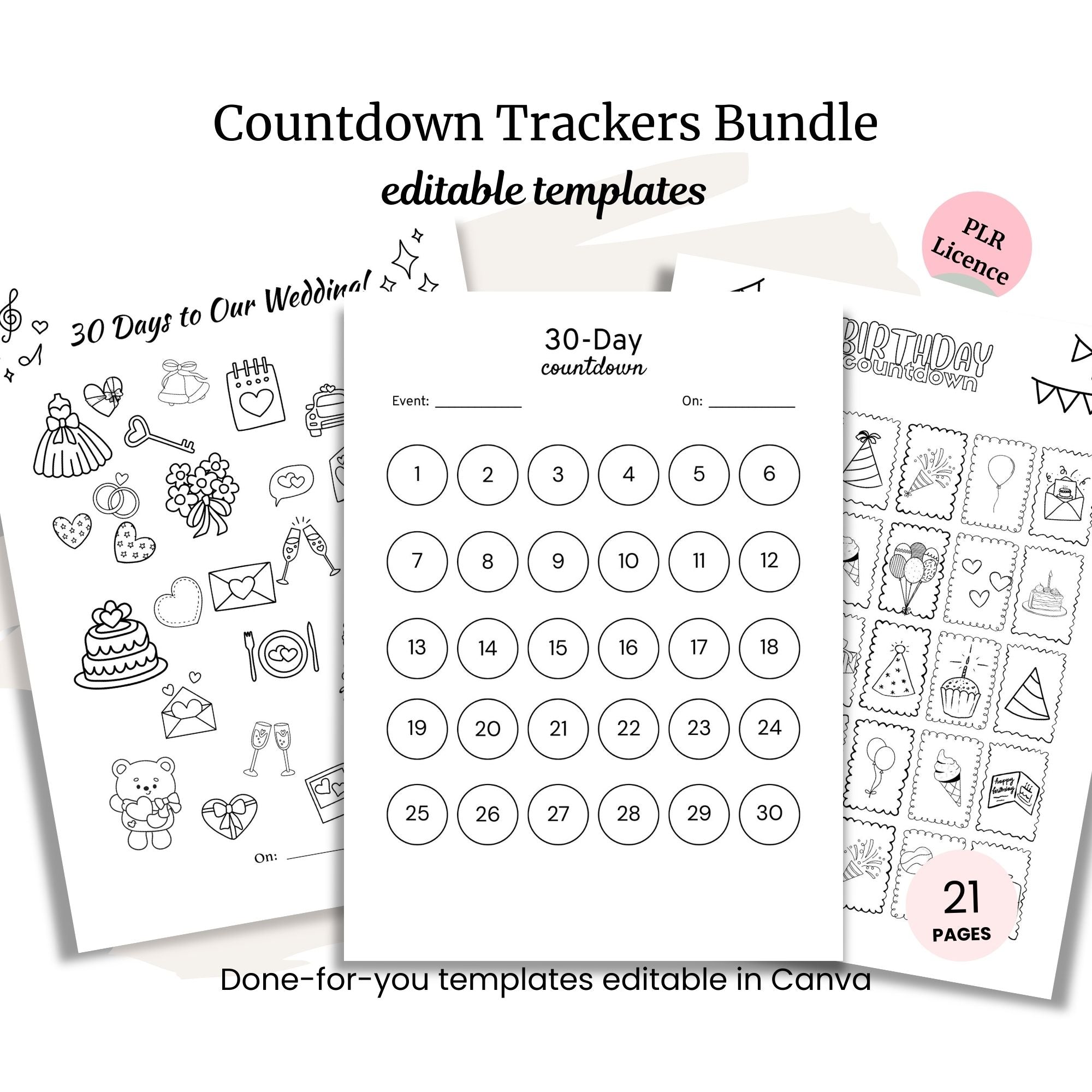 The Countdown Trackers Bundle PLR includes three editable Canva printables—a wedding countdown, 30-day countdown, and birthday tracker—with PLR rights for easy customization and resale.