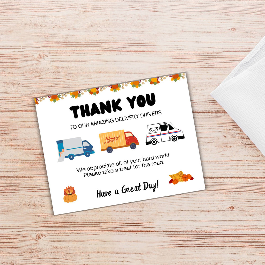 Show your gratitude this season with the Delivery Driver Signs Bundle PLR. Featuring three truck illustrations and autumn decorations, each card includes a heartfelt message thanking delivery drivers for their dedication and inviting them to take a treat for the road. The perfect uplifting gesture!.