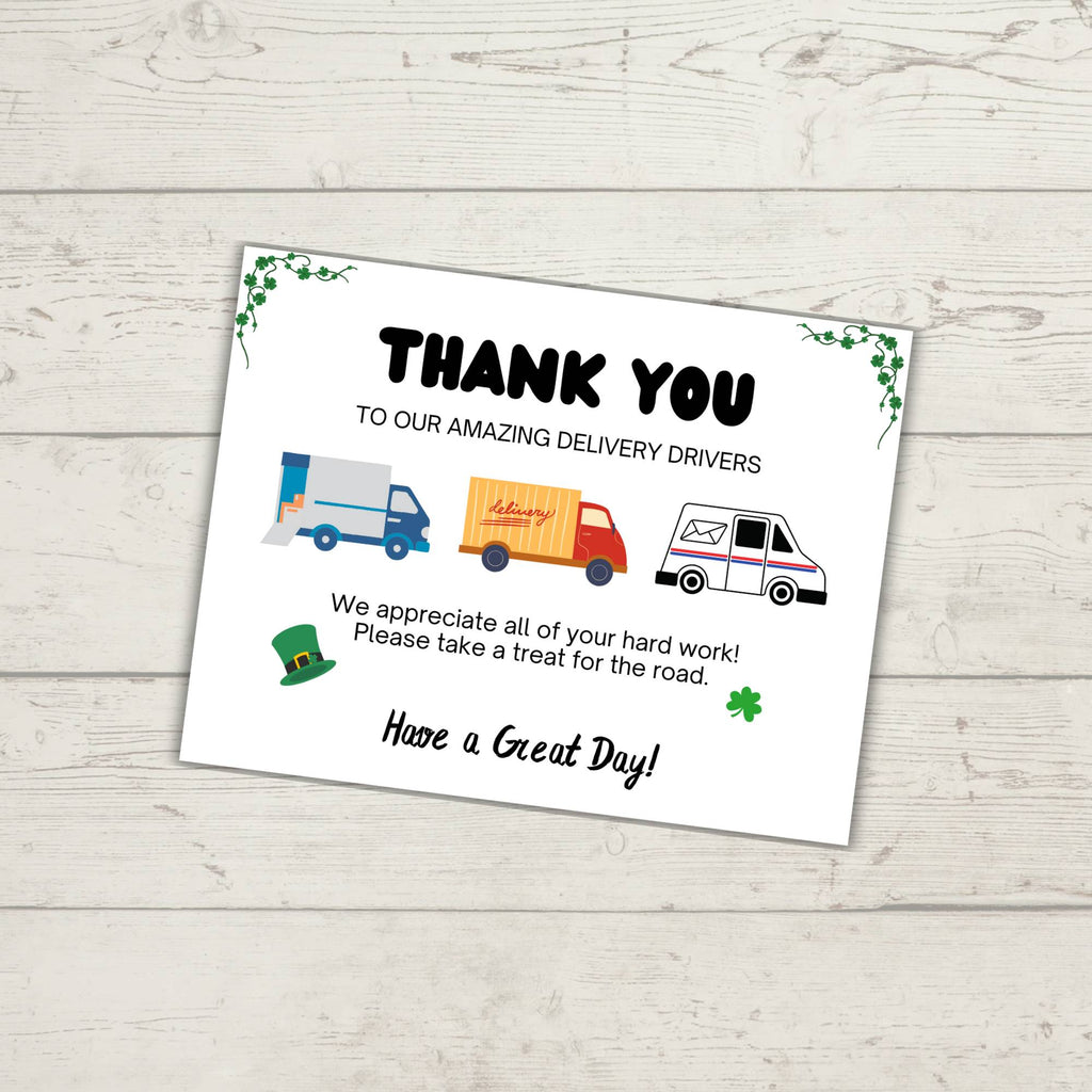 Express gratitude to delivery drivers with the Delivery Driver Signs Bundle PLR. Featuring shamrocks, a leprechaun hat, trucks, and a van, this note invites them to take a treat.