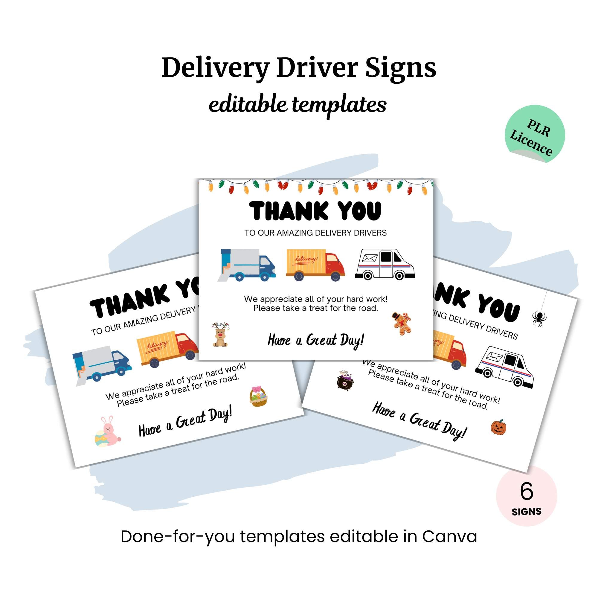 Discover the Delivery Driver Signs Bundle PLR, offering three editable templates with charming vehicle and holiday-themed illustrations. Each design features heartfelt appreciation phrases and festive decor to make every delivery special.