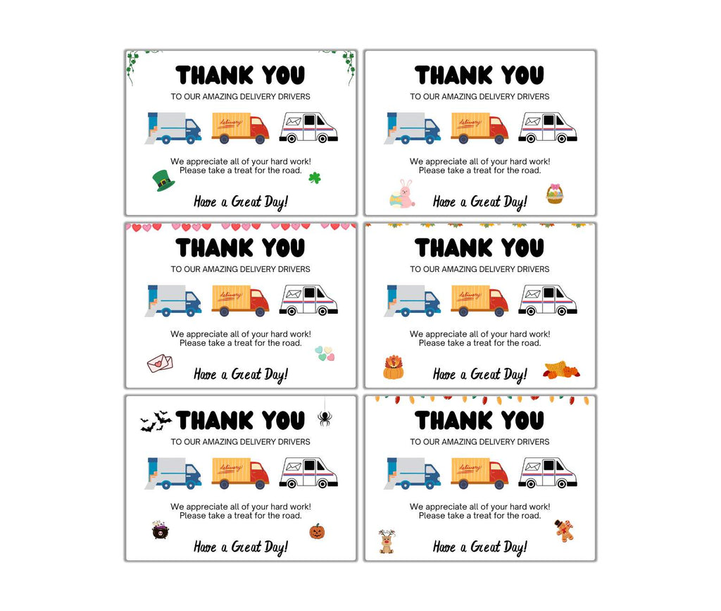 The Delivery Driver Signs Bundle PLR includes six thank you cards with images of delivery trucks, packages, and treats, plus a heartfelt message of appreciation—ideal for acknowledging the hard work and dedication of any delivery driver.