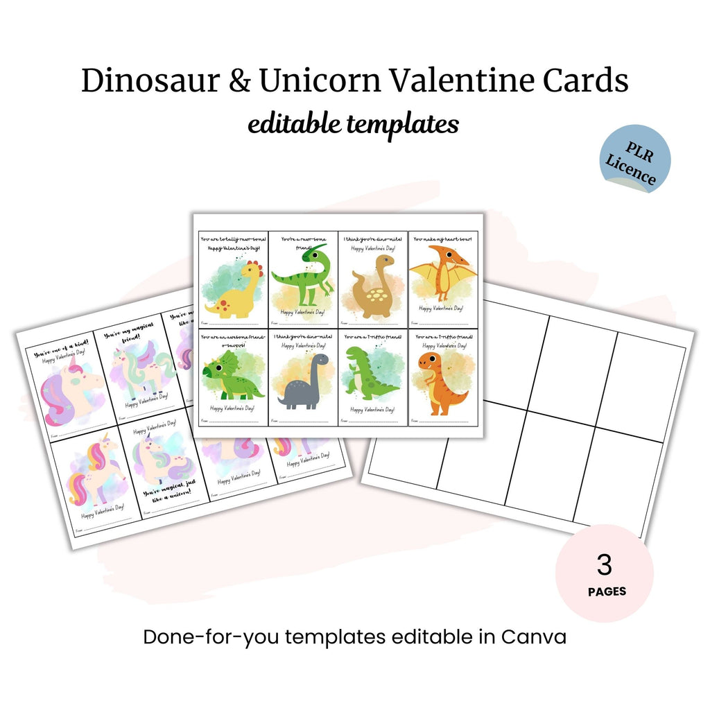 The Bible Verse Mapping Journal PLR includes three printable sheets with editable dinosaur and unicorn Valentine cards in Canva, complete with a PLR license—ideal for verse mapping or sharing meaningful messages.