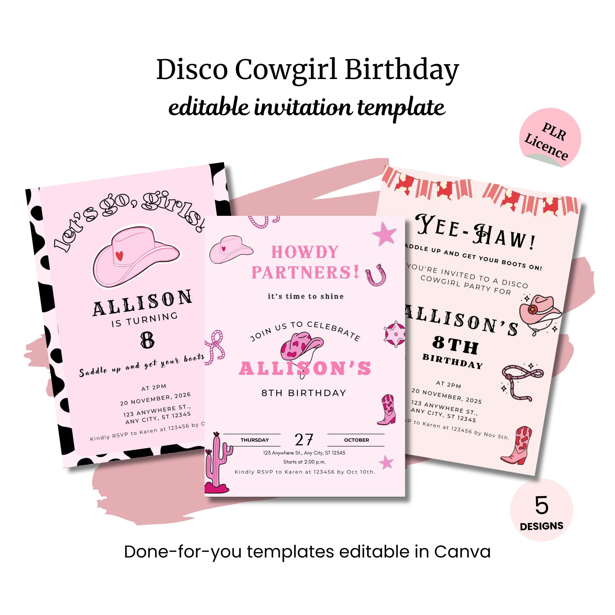 The Disco Cowgirl Birthday Invitation features three illustrated, pink party templates with hats and boots—perfect for an 8th or berry first birthday celebration.
