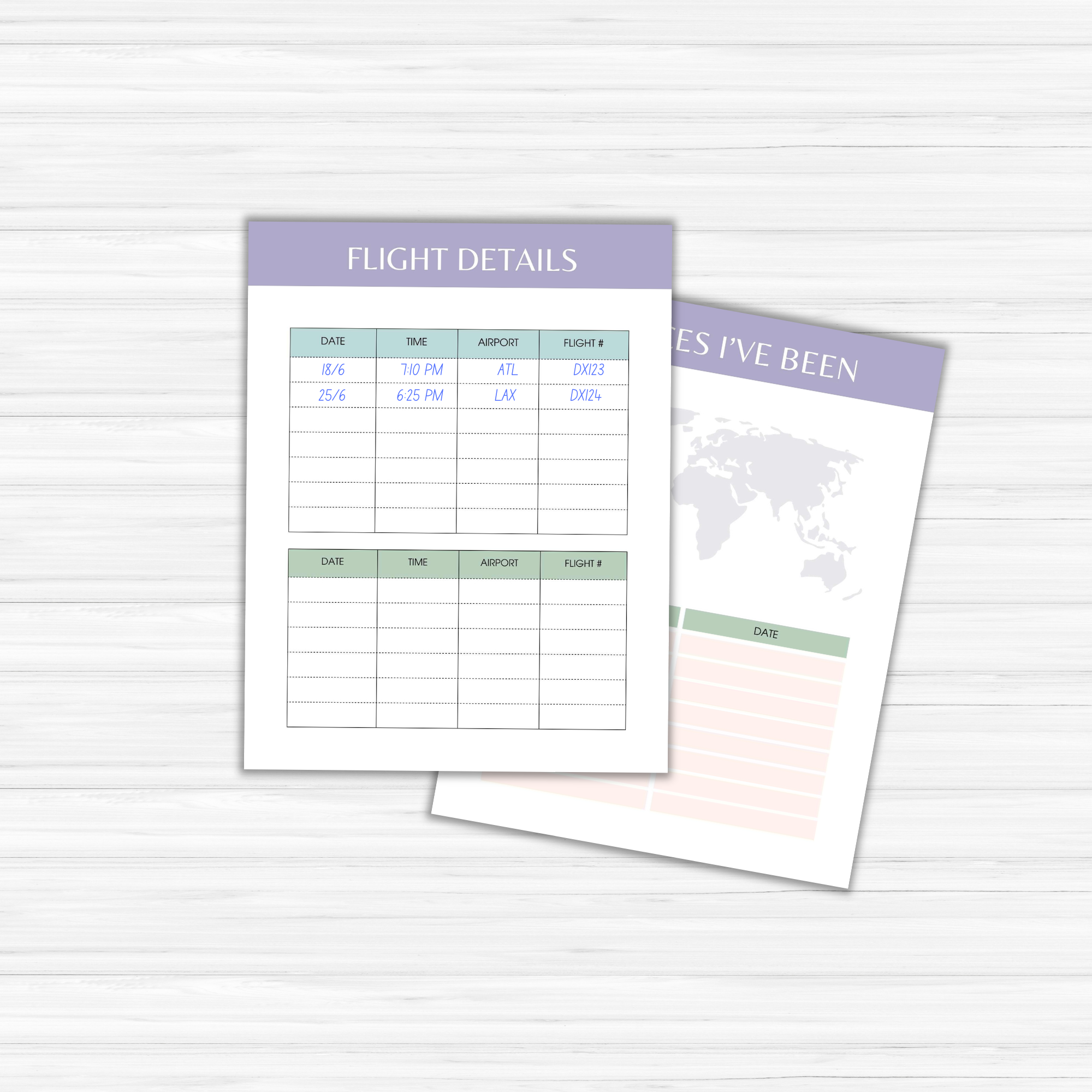 The Dream Vacations Travel Planner is your ultimate travel organizer, featuring two sheets: one detailing dates, times, airports, and flight numbers, and the other titled "Places I've Been," complete with a map outline to inspire dream vacations.