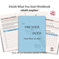 Three pages from the Finish What You Start Workbook PLR, featuring editable project tracking templates. The workbook cover appears between two sample tracking sheets—ideal to use with your daily habits bundle.