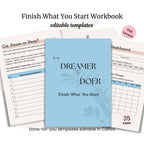 Three pages from the Finish What You Start Workbook PLR, featuring editable project tracking templates. The workbook cover appears between two sample tracking sheets—ideal to use with your daily habits bundle.