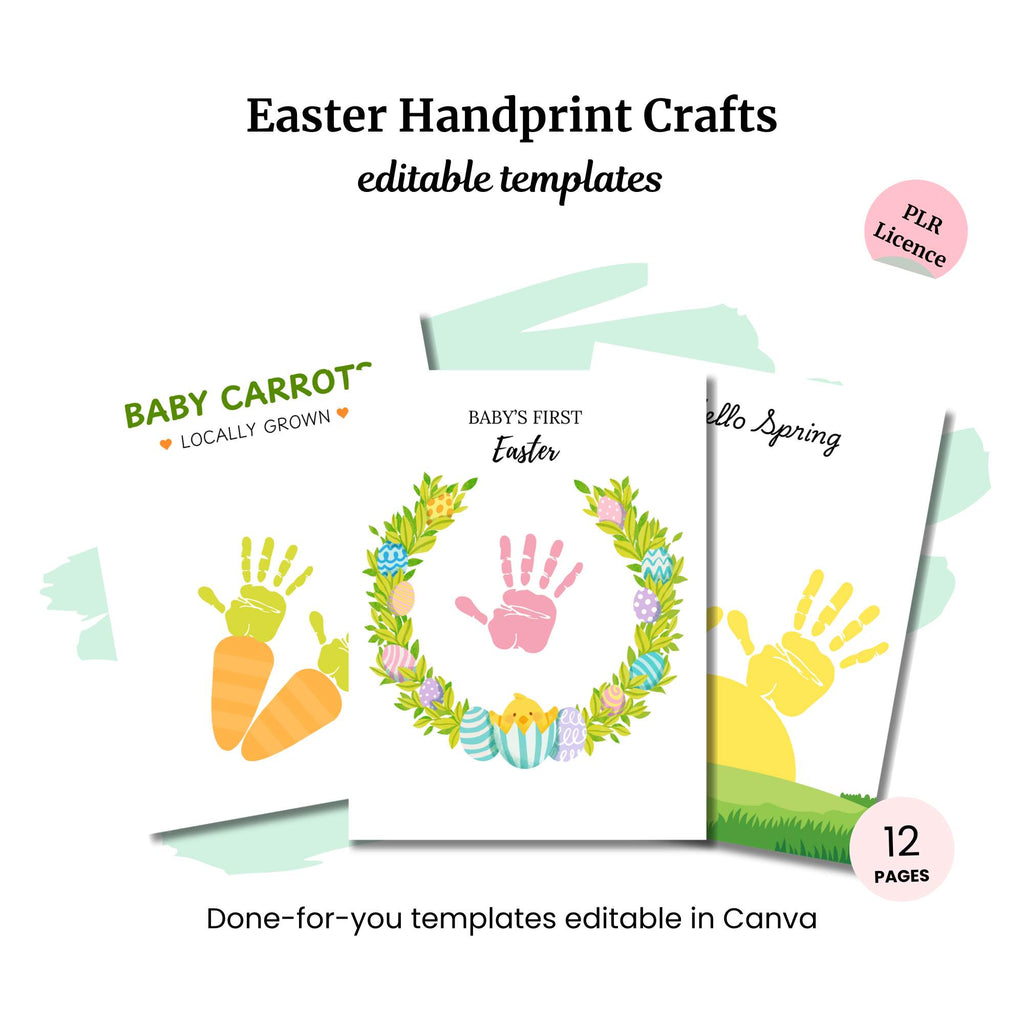 The Delivery Driver Signs Bundle PLR includes three Easter-themed handprint craft templates with carrots, a handprint with eggs, and "Hello Spring." With 12 editable Canva pages and a PLR license, it's ideal for creative entrepreneurs seeking festive charm without delivery delays.