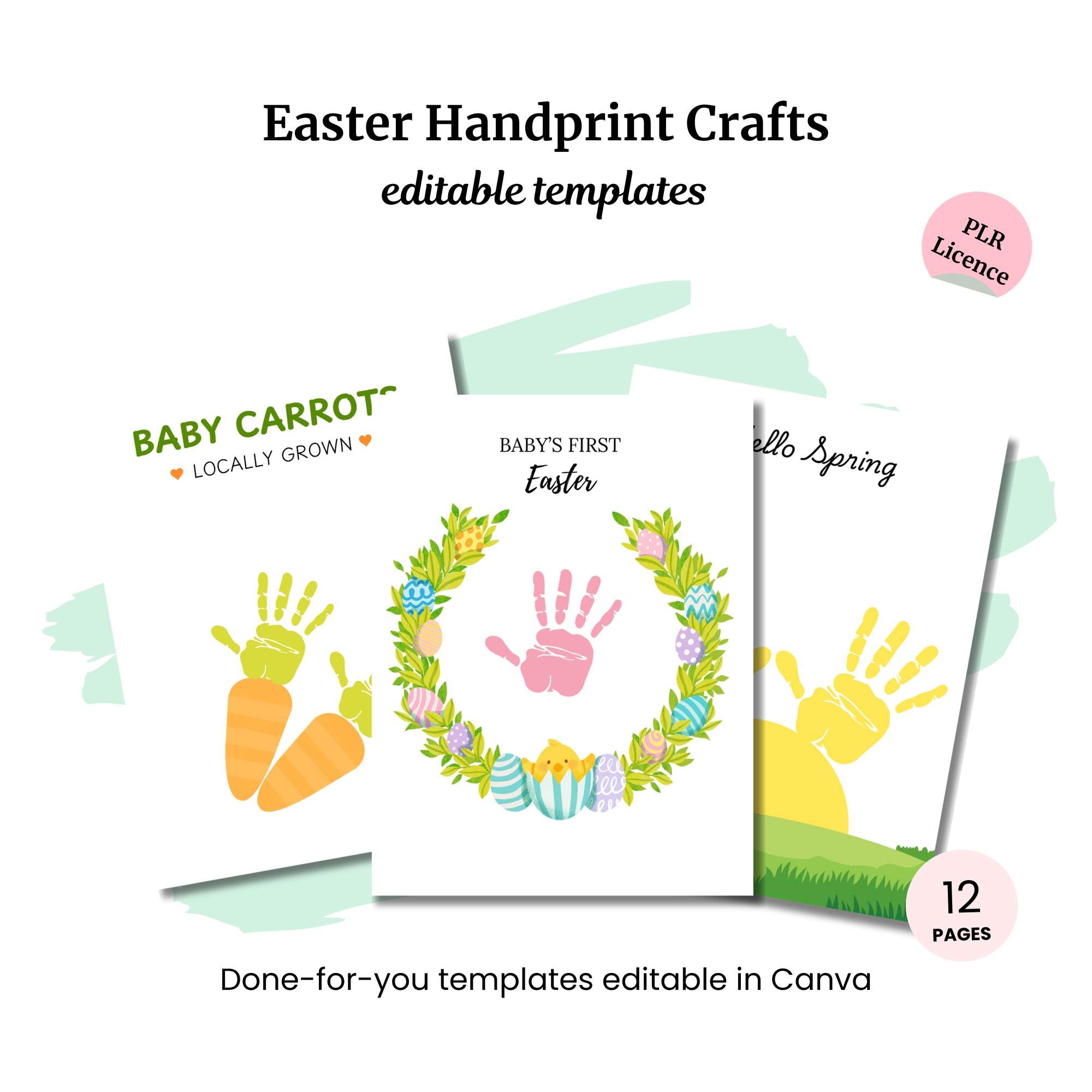 The Delivery Driver Signs Bundle PLR includes three Easter-themed handprint craft templates with carrots, a handprint with eggs, and "Hello Spring." With 12 editable Canva pages and a PLR license, it's ideal for creative entrepreneurs seeking festive charm without delivery delays.