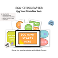 Egg-citing Easter Printables pack featuring 46 templates, which include signs and activity packs, are displayed both on a computer screen and as printed samples.