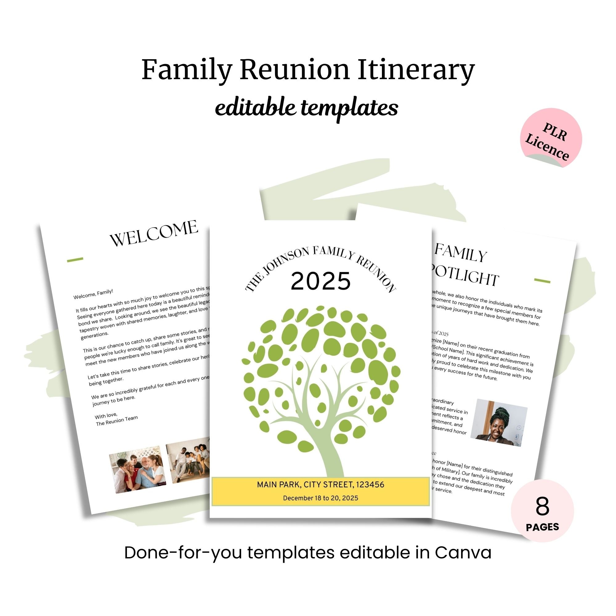 Family Reunion Itinerary (PLR) features a tree-themed 8-page itinerary set with sample pages and clear text. Includes editable Canva files and PLR license—ideal for organizing your family gathering.