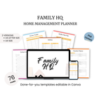 The Family HQ Home Management Planner includes sections for income tracking, utilities, meal planning, contacts, and vacation organization. This versatile planner comes in various sizes and is completely editable in Canva.