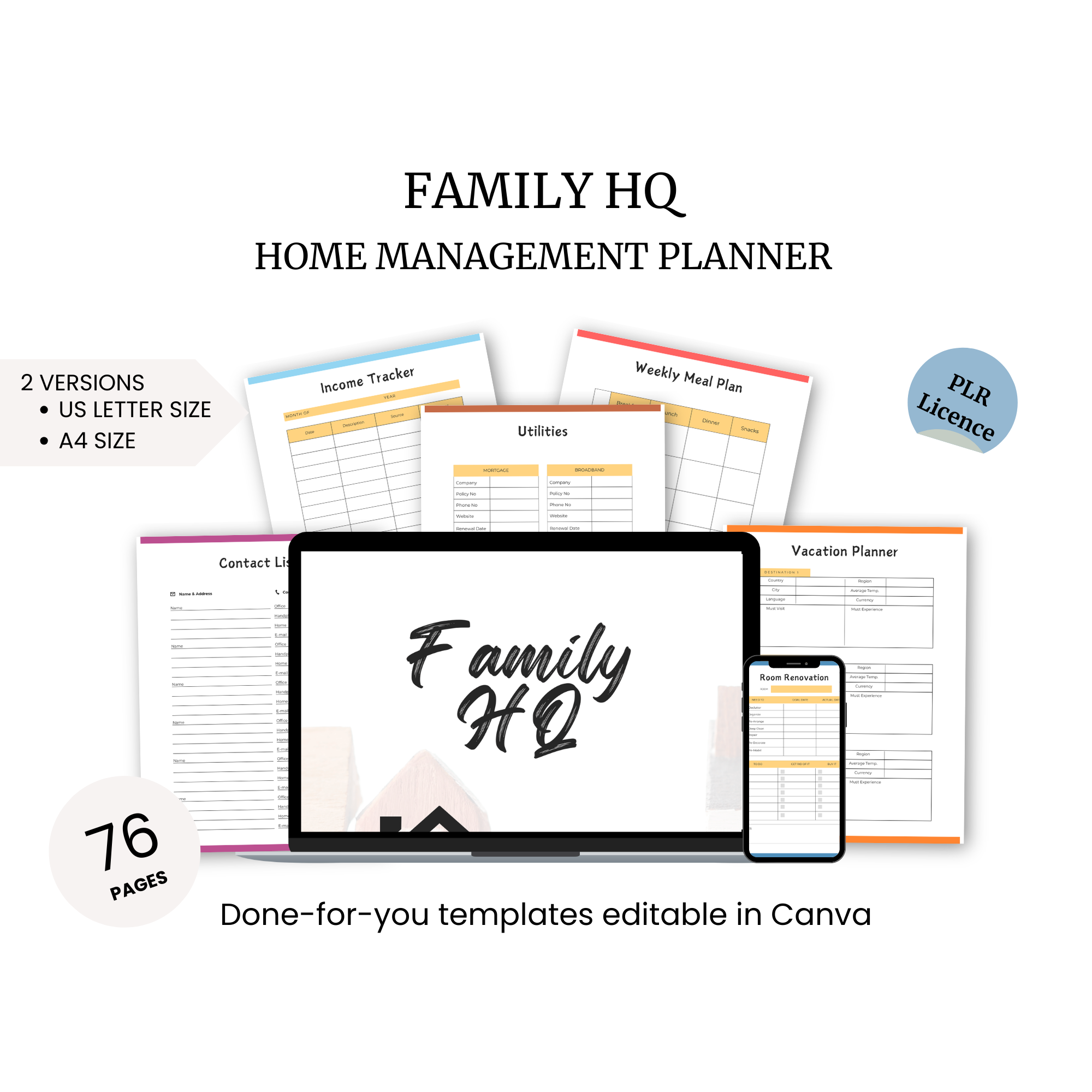 The Family HQ Home Management Planner includes sections for income tracking, utilities, meal planning, contacts, and vacation organization. This versatile planner comes in various sizes and is completely editable in Canva.