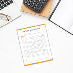 Flat lay of a 30 Days Steps Tracker sheet on a desk accompanied by the Family HQ Home Management Planner, a calculator, notebook, pen, glasses, and laptop; ideal for home management enthusiasts.
